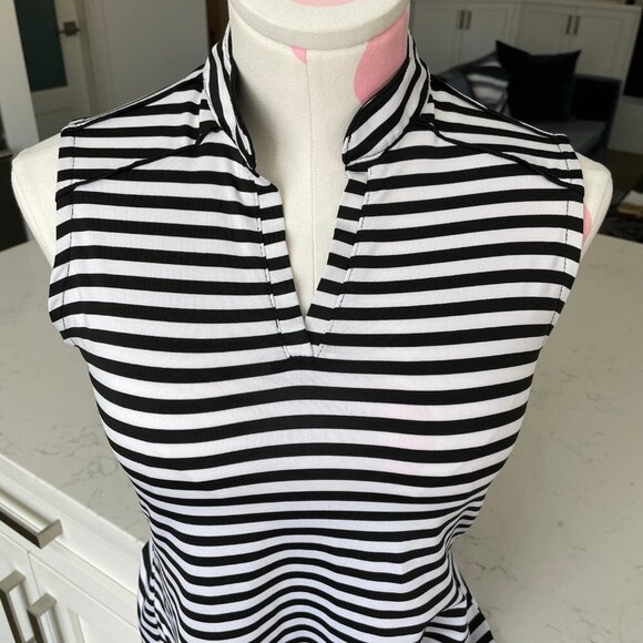 Fairways Slvless Mandarin Collar V Neck Striped DeLux Dri Golf Top Blk+Wht Sz S - Picture 4 of 10